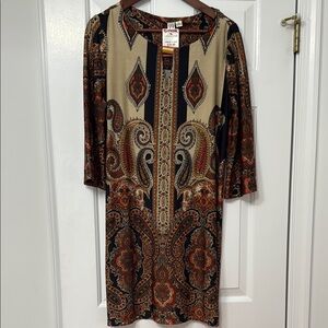 Emma & Michele Paisley Print Dress with Black and Tan Accents